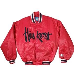 STARTER NEBRASKA CORN HUSKERS Sz M Red Satin Bomber Jacket